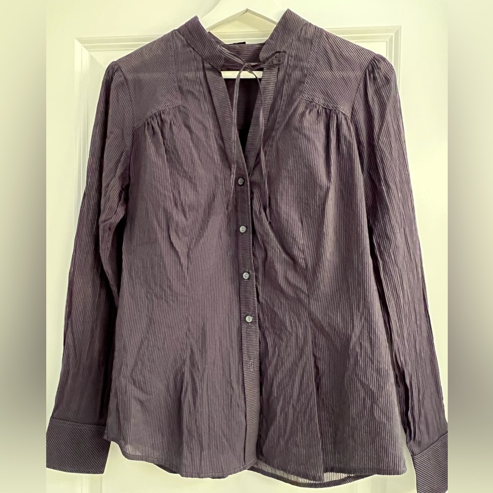 Navy and Grey Pinstriped Shirt with Unique Details